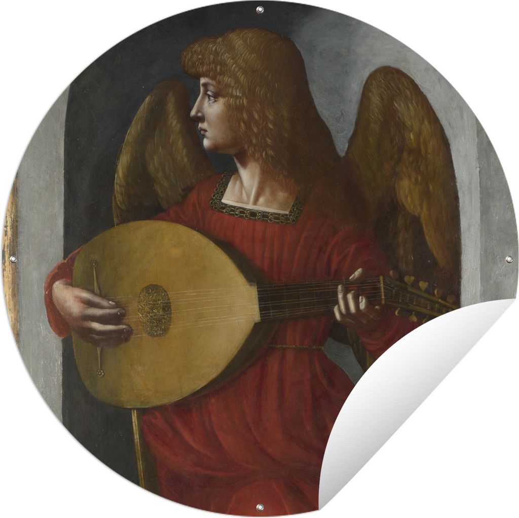 MuchoWow Gartenposter Outdoor-Poster Rund Ein Engel in Rot mit einer Laute - Leonardo da Vinci Ø 120 cm Gartendeko Rundes Poster draußen