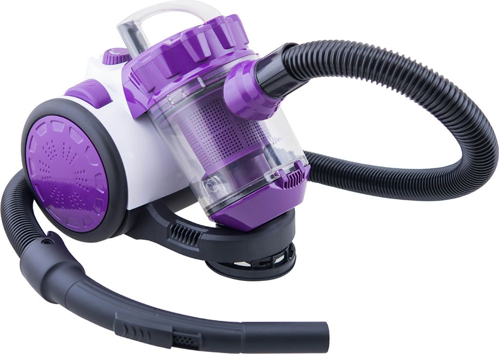 A white and purple bagless cylinder vacuum cleaner with a black hose and nozzle, shown against a white background.