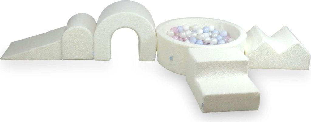 Schaumstoff-Spielset mit rundem Bällebad + 5 Elementen – 90x30 Boucle Weiß + 200 Bällebadbälle / transparent, weiß, perlmutt, babyrosa perlm...