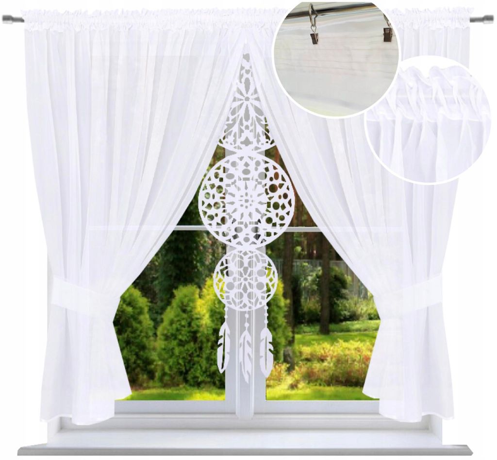 Weiße Voile Gardine Vorhang glatt mit Filz-Panel im Dreamcatcher-Design – elegante Fertiggardine für Fenster, pflegeleicht & universell zum Auf...