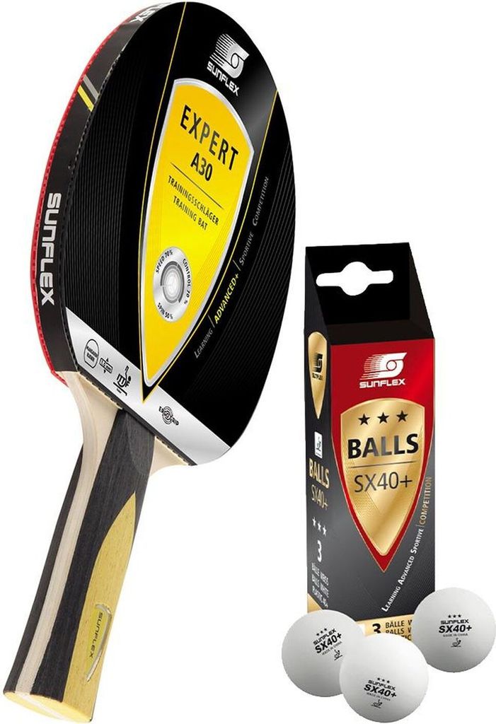 Sunflex Tischtennisschläger Expert A30 + 3x SX+ Tischtennisbälle | Tischtennisset TT Tabletennis