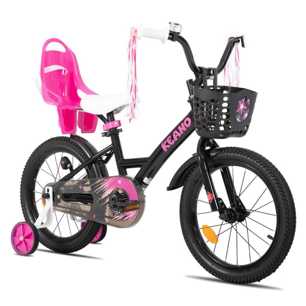 Joystar 14 Zoll Mädchenfahrrad mit Puppensitz und Korb, Kinderfahrrad mit Stützräder, Luftschlangen, vollständigem Kettenschutz, Schutzblechen