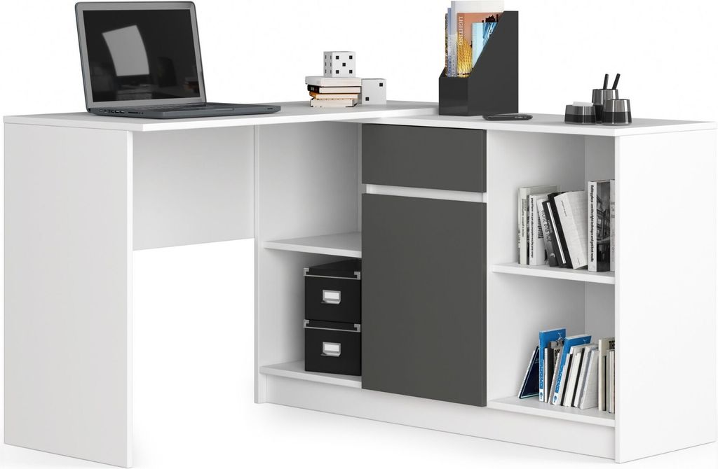 A white and dark gray corner desk with a laptop, books, and storage boxes.