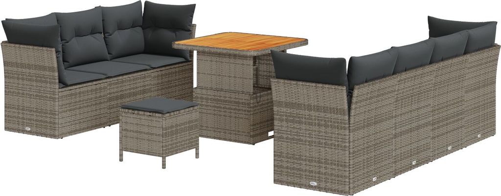 Möbel 10-teiliges Garten-Sofa-Set mit Kissen Graues Poly-Rattan Akazie, 3-teiliges Garten-Ess-Set mit Kissen Graues Poly-Rattan Akazie - Gartensof...