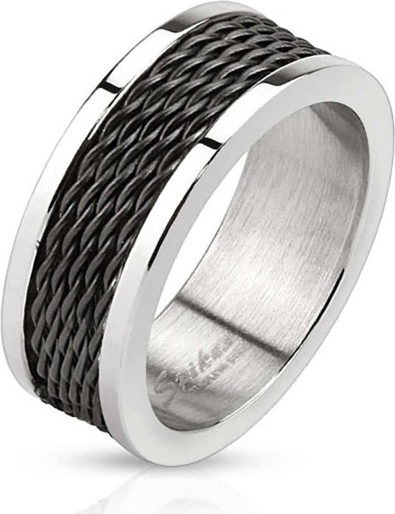 Herren Ring Edelstahl Herrenring Stahlseil Draht Multi Wire Kette Inlay schwarz-silber 64 - Ø 20,57 mm