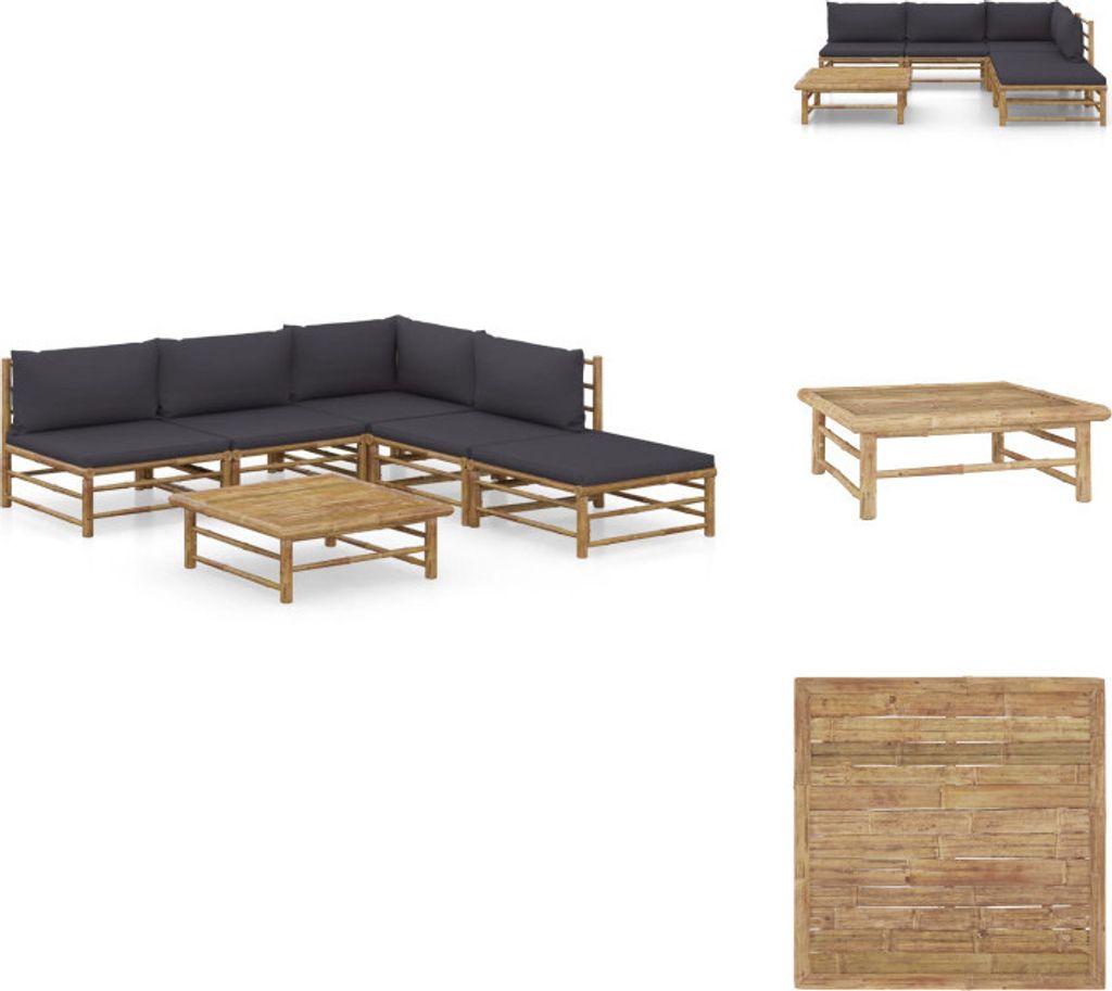 vidaXL 6-tlg. Garten-Lounge-Set mit Dunkelgrauen Kissen Bambus - Gartenmöbel-Sets