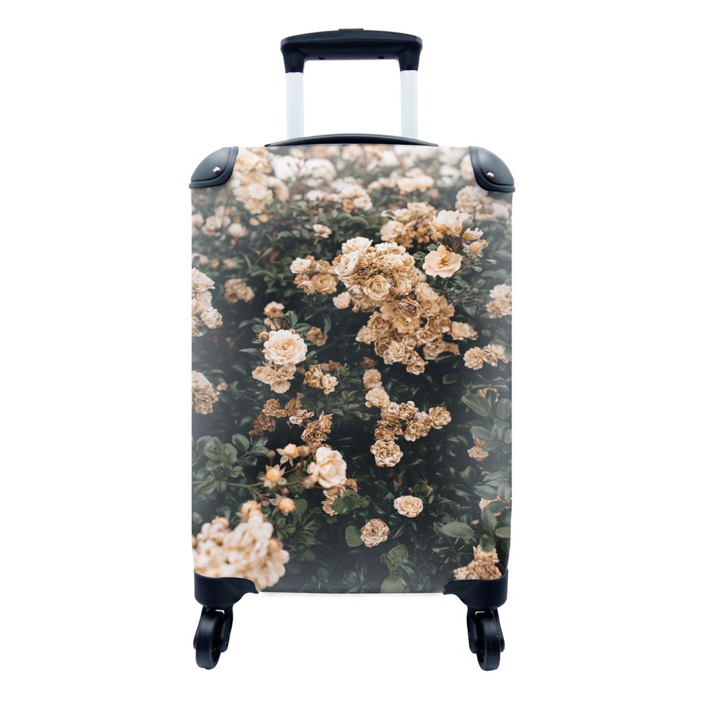 MuchoWow Koffer Handgepäck Trolley Rollkoffer Kleine Reisekoffer mit 4 Rollen - Rosenstrauch - Blumen - Braun - Weiß - Cabin Size < 55x40x23 cm...