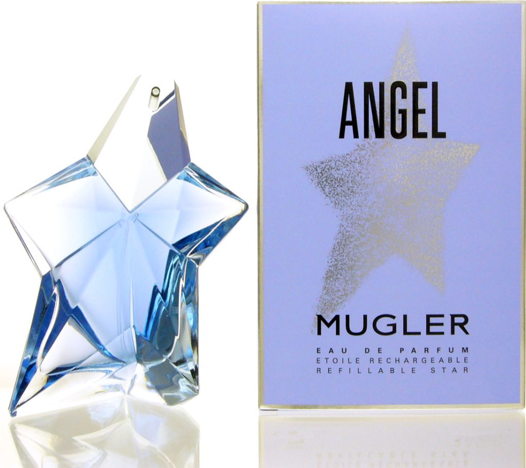 A perfume bottle and its packaging are displayed side-by-side against a white background.