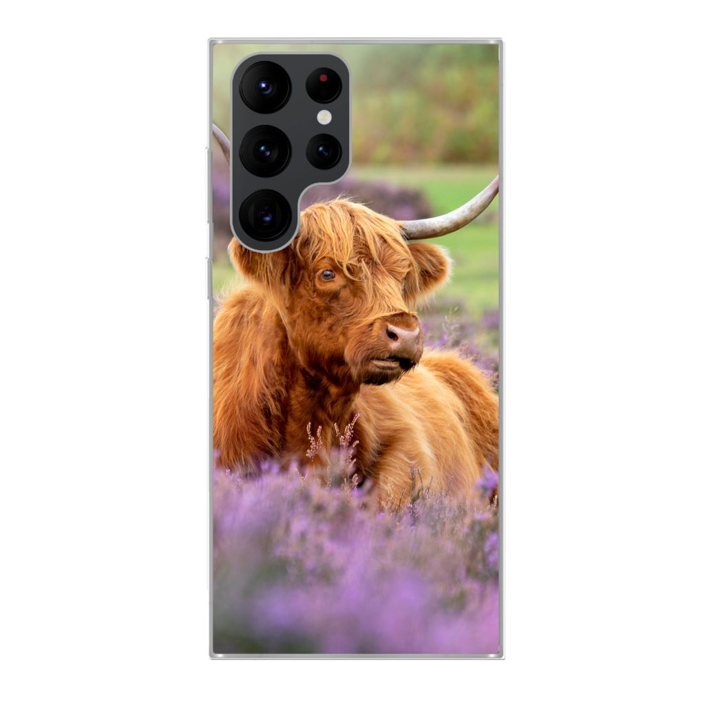 MuchoWow Handyhülle Schutzhülle Hülle für Samsung Galaxy S22 Ultra Schottischer Highlander - Braun - Büsche Silikon Softcase Handy Hülle - ...