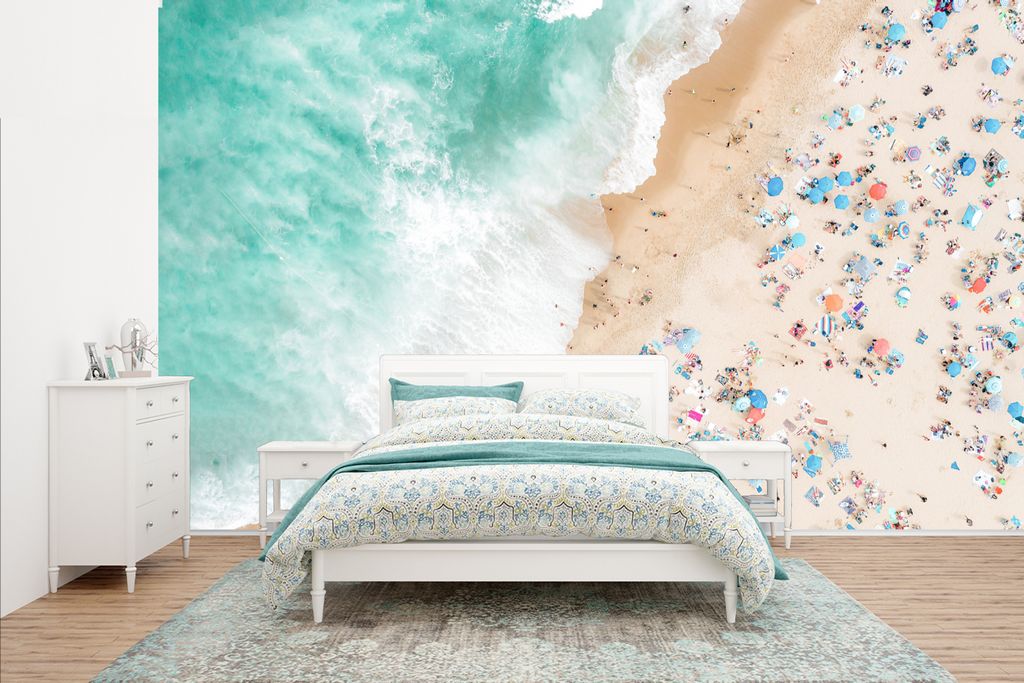 MuchoWow Fototapete für Wohnzimmer oder Schlafzimmer Wandtapete Vinyl Motivtapete Meer - Strand - Sonnenschirme - Sommer - 400x240 cm - Gemustert