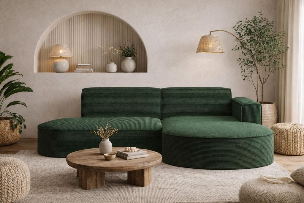A modern living room with a dark green sectional sofa, coffee table, and floor lamp.