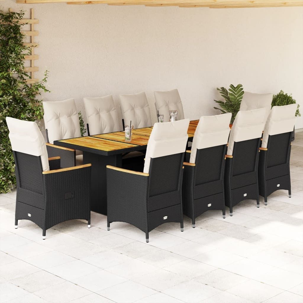 11-tlg. Garten-Bistro-Set mit Kissen Schwarz Poly Rattan, Gartenmöbel-Sets 2024 Neu