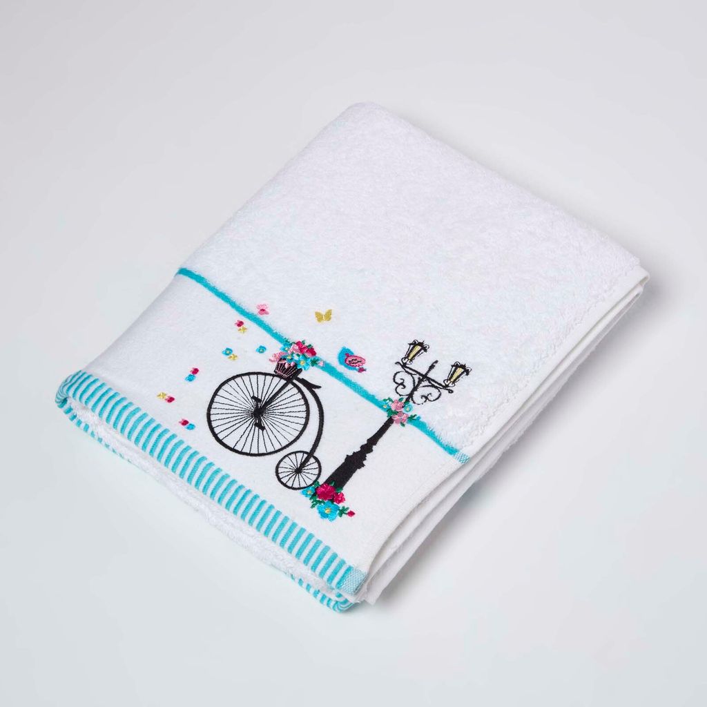 HOMESCAPES Frottee Duschtuch mit Bestickung Vintage Hochrad Handtuch 70x120cm – weiß