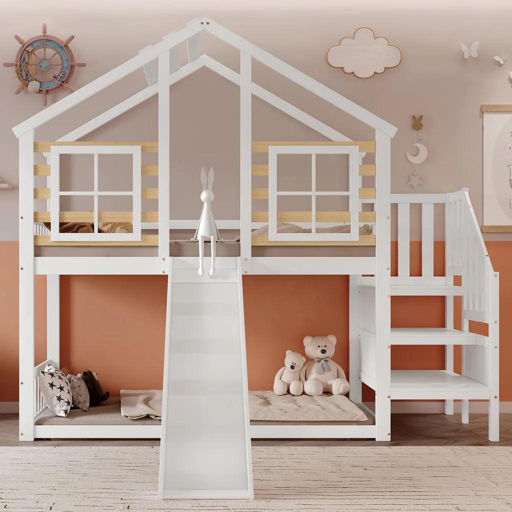 Lit enfant combiné toboggan et escalier 90x200 en bois blanc durable