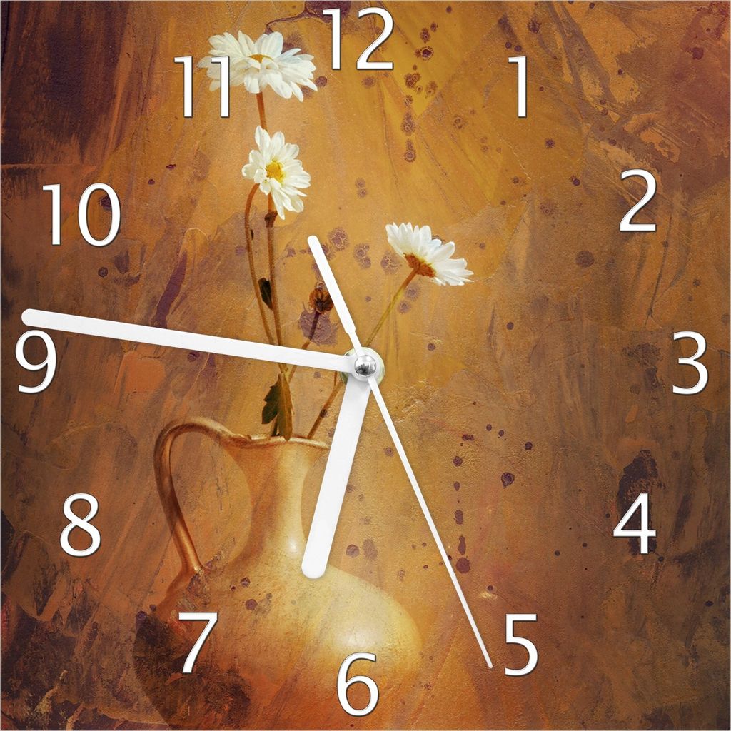 Wallario Design Wanduhr Antike Vase mit Blumen aus Echtglas, Größe 20 x 20 cm