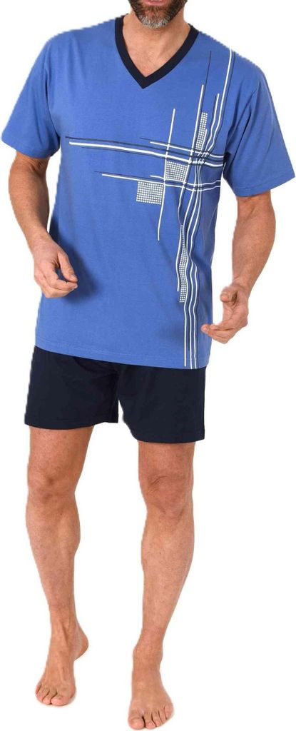 Normann Herren Schlafanzug kurzarm Shorty Pyjama mit stilvollen Frontprint ; blau , 52