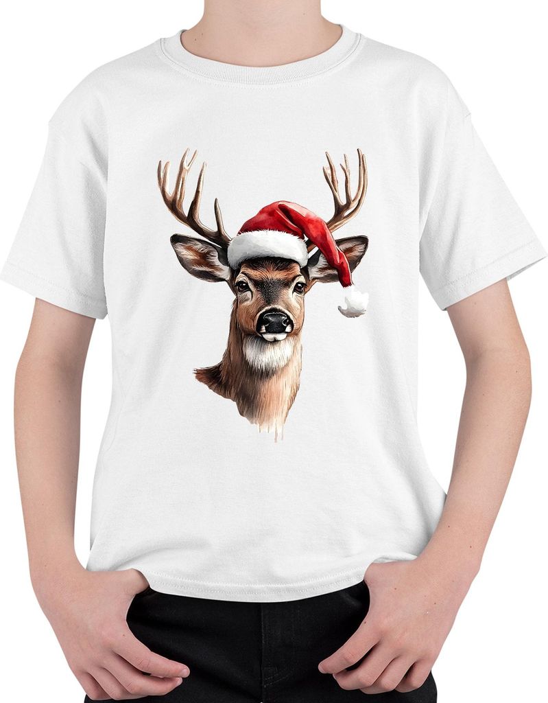 Rentier Hirsch Geweih Santa Hut Weihnachten Geschenk Vintage Uni Kinder T-Shirt, Weiß, 104