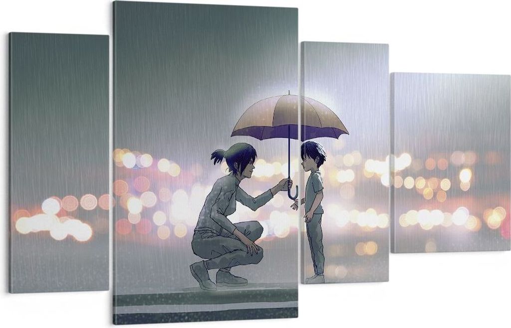 Bild auf Leinwand - Leinwandbild - 4 Teile - Manga Regenschirm Hilfe - 120x70cm - Wand Bild - Wanddeko - Wandbilder - Leinwanddruck - Bilder - Wand...