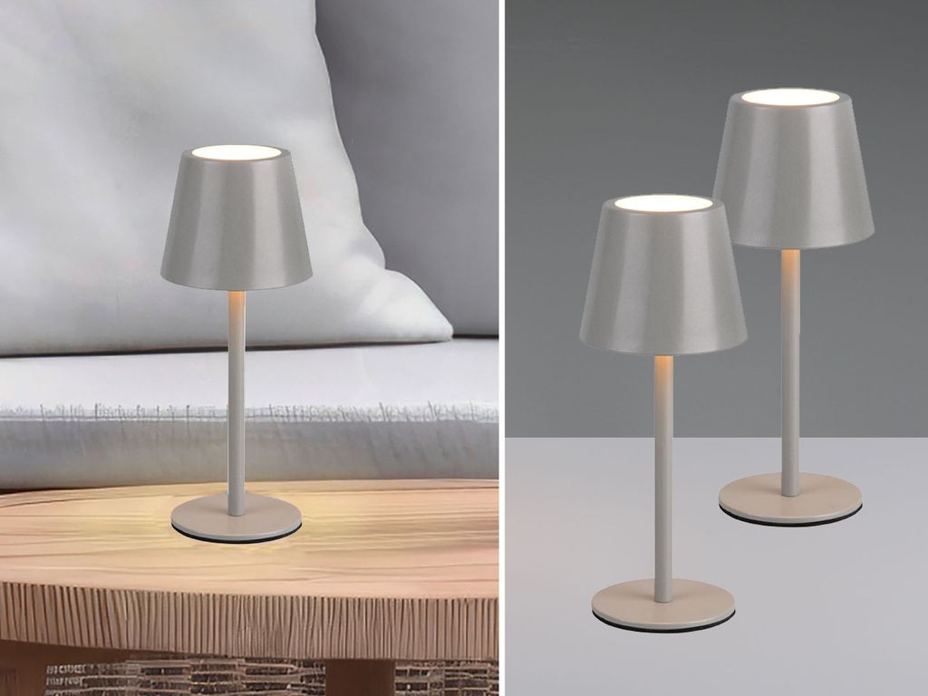 2er SET Outdoor Akku LED Tischlampen Grau kabellos mit Touchdimmer, 21cm klein