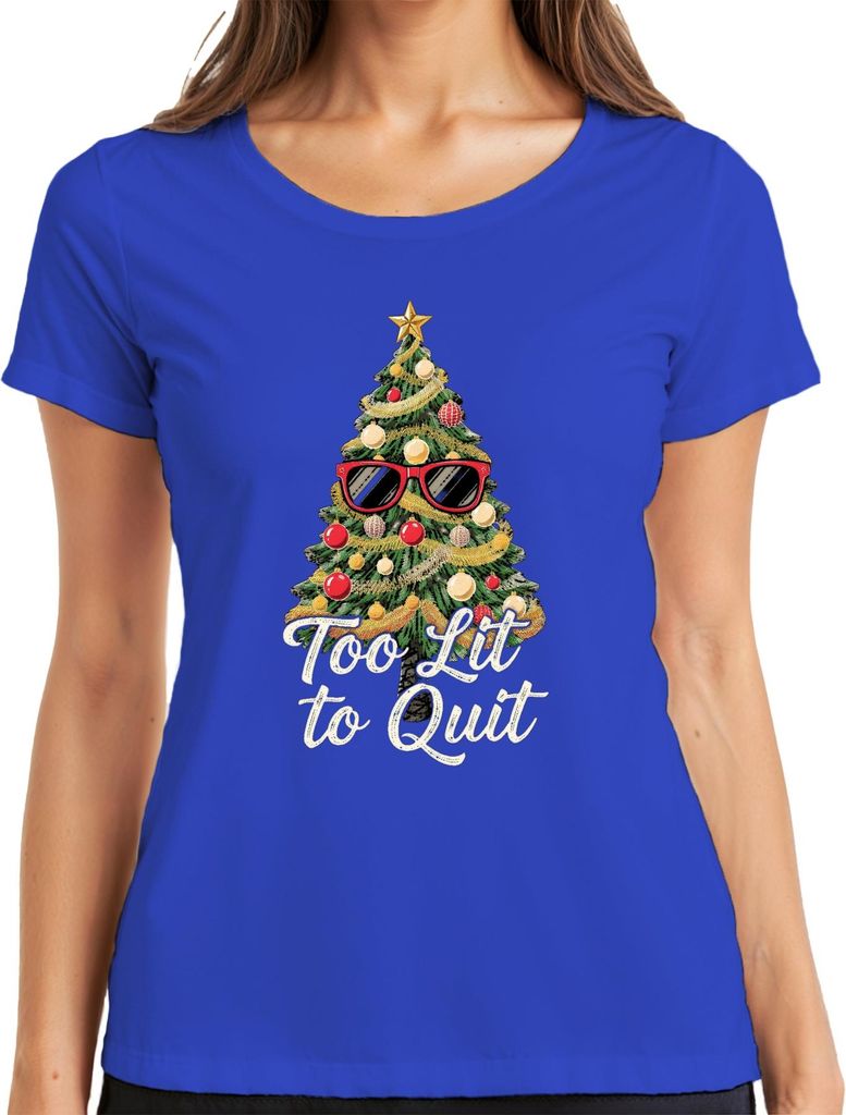 Too Lit to Quit Weihnachtsbaum Sonnenbrille Weihnachten lustig Damen T-Shirt, Blau, L