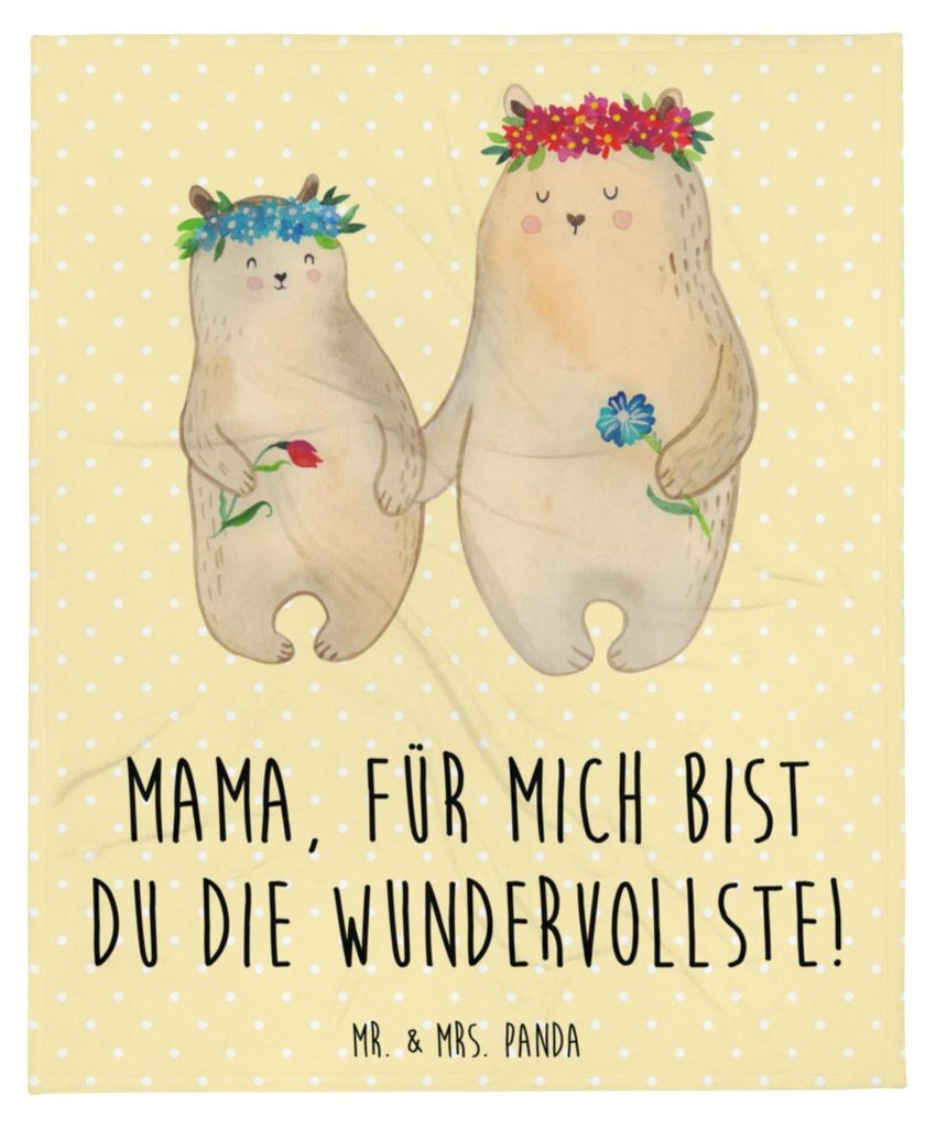 Mr. & Mrs. Panda Tagesdecke Bären mit Blumenkranz - Gelb Pastell - Geschenk, Kuschelige Decke, Kinder, Lieblingsmensch, Familie, Muttertag, Bettde...