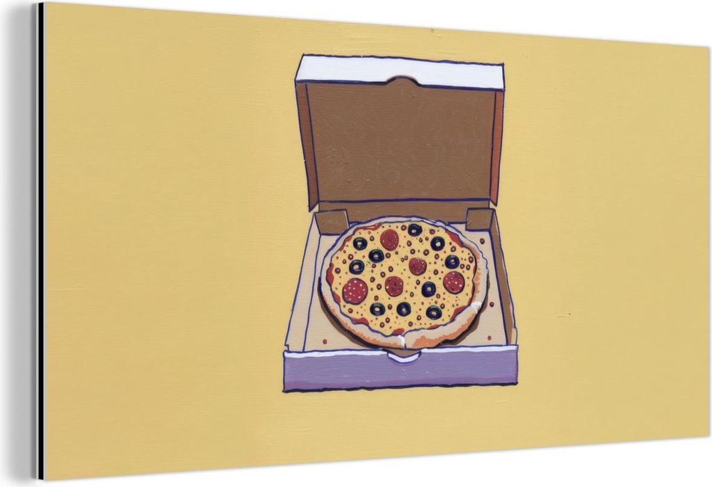 MuchoWow Wanddekoration Metall Metallbild Wandkunst 40x20 cm Pizza - Schachtel - Salami - Illustration MuchoWow Aluminium Gemälde - Bild - Aluminium