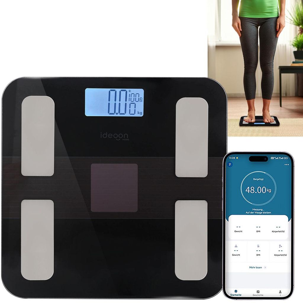 Solar-Akku Körperfettwaage aus Glas, präzise Körperanalyse, Produktbild 
