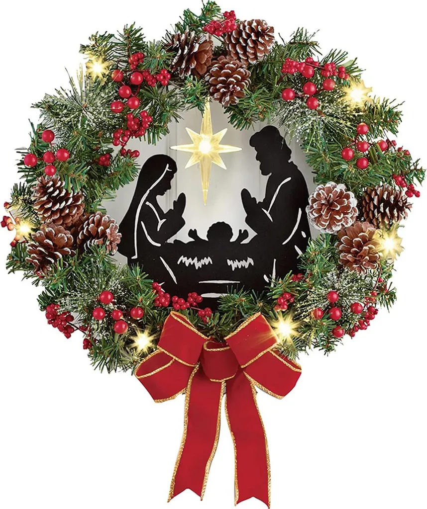 Couronne de Noël pour cheminée et porte avec scène de crèche incluse