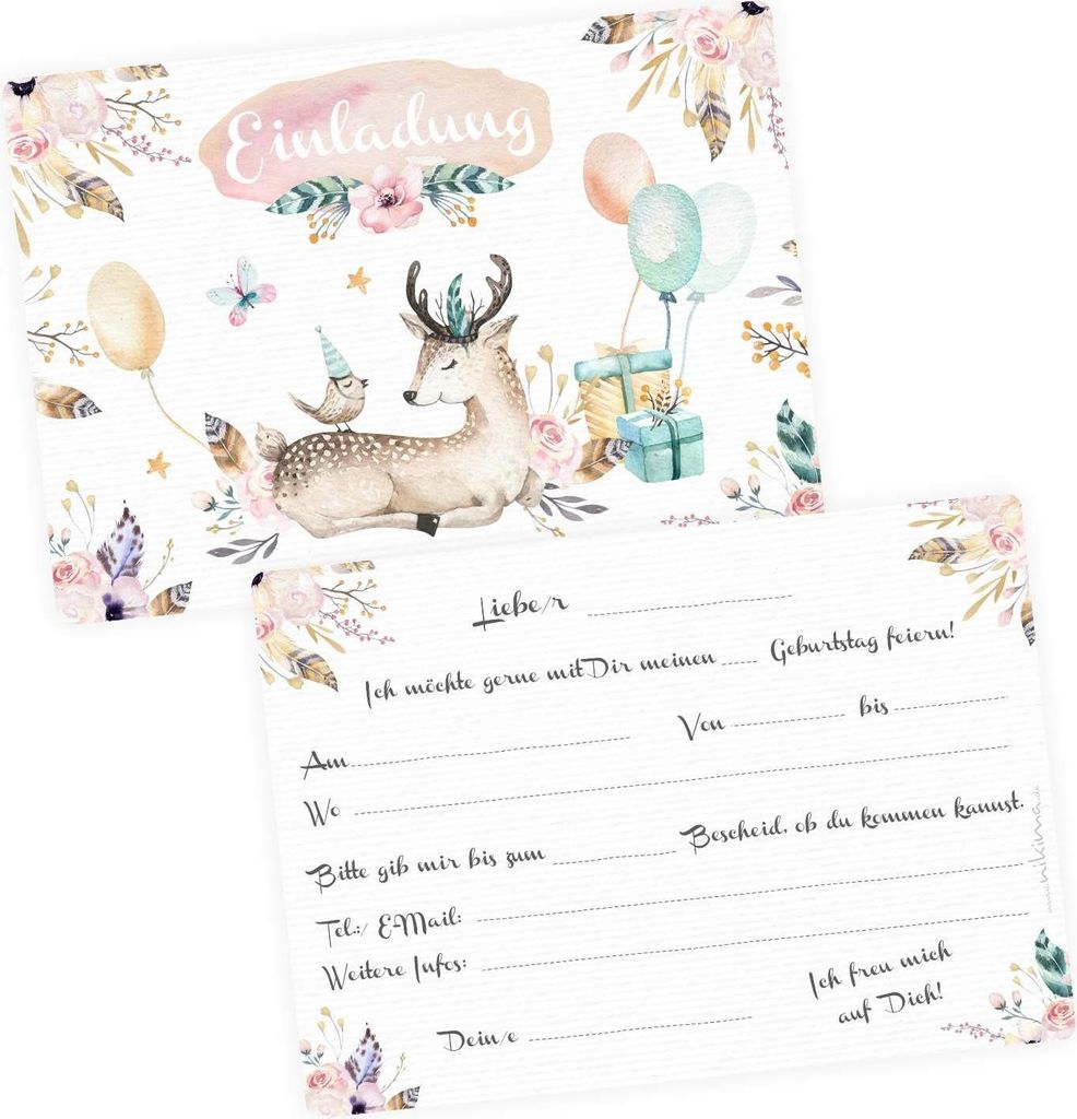10 Einladungskarten Reh Hirsch Luftballon Geschenke inkl. 10 transparenten Briefumschlägen Kindergeburtstag Mädchen Einladung