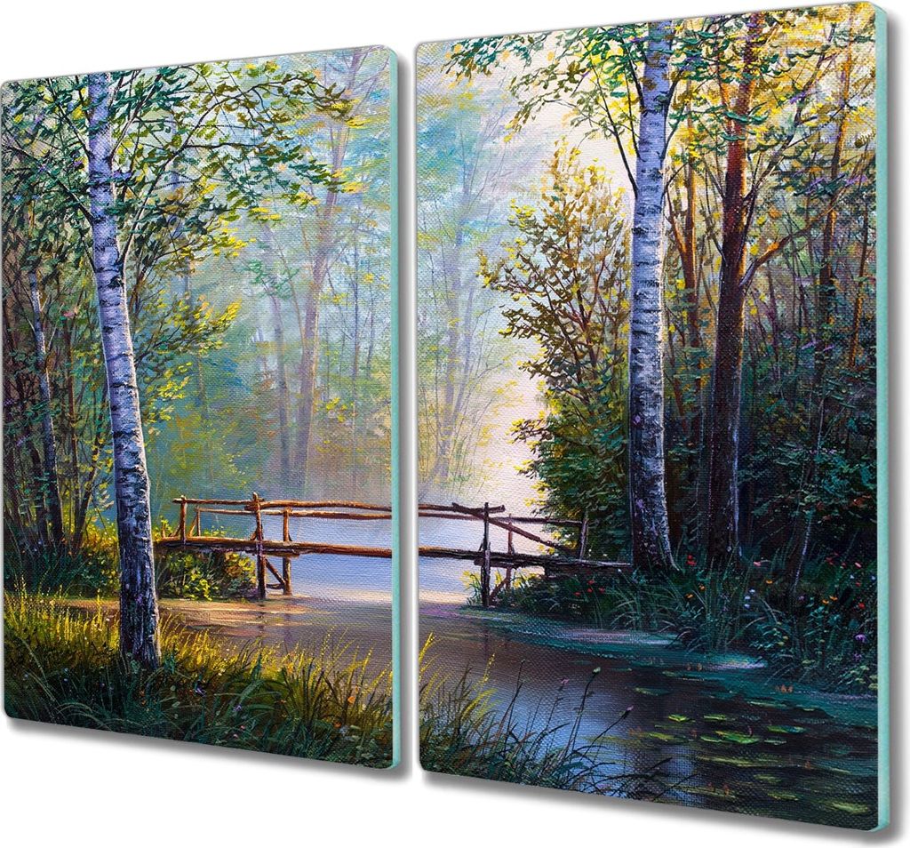 Coloray Herdabdeckplatte 2x30x52 cm Schneidebrett Kochplattenabdeckung Küchenbrett Hackbrett - Wald-Fluss-Brücke Natur