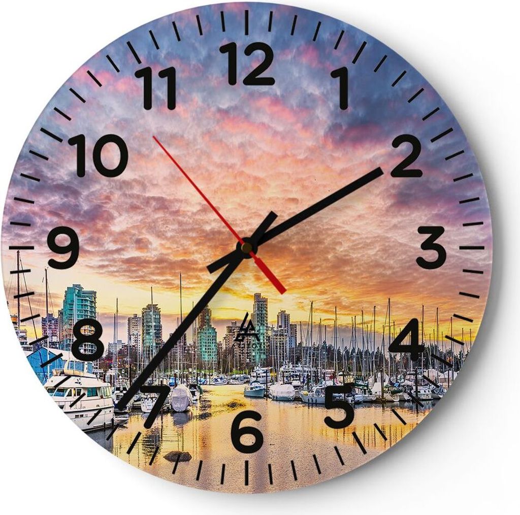 Wanduhr - Rund - Glasuhr - Boote städtisch Stadt Landschaft - 40x40cm - Schleichendes Uhrwerk - Lautlos - zum Aufhängen bereit - Dekoration Moder...