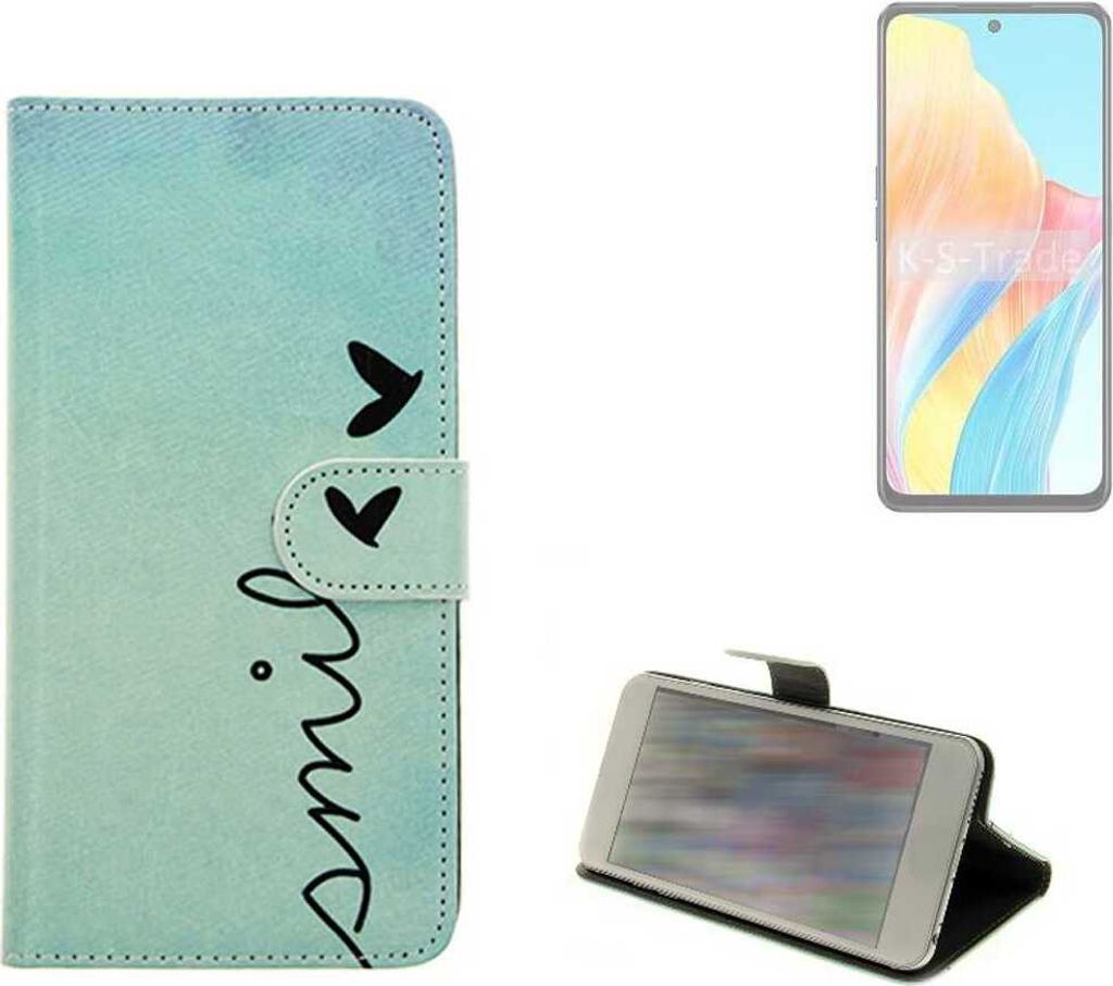 K-S-Trade Schutz Hülle Handy Hülle kompatibel mit Oppo A1i 5G Hülle Handyhülle cover bookstyle Etui Handyhülle “smile“ türkis Standfunktion