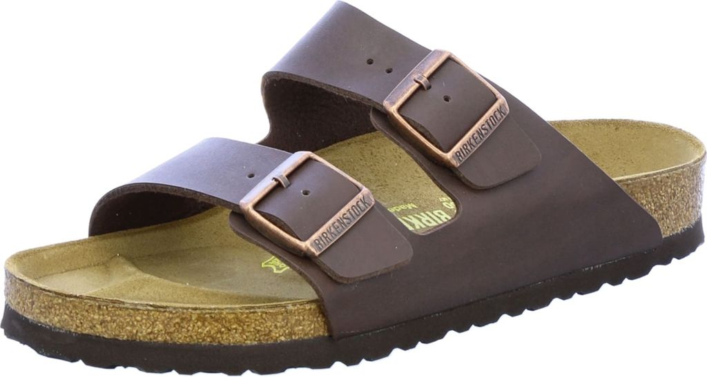 A single brown Birkenstock sandal is shown against a white background.