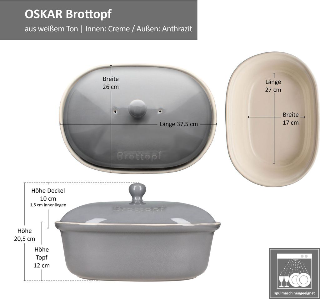 Oskar Brottopf in Grau Brotkasten mit Deckel Brot Toast Produktbild 6