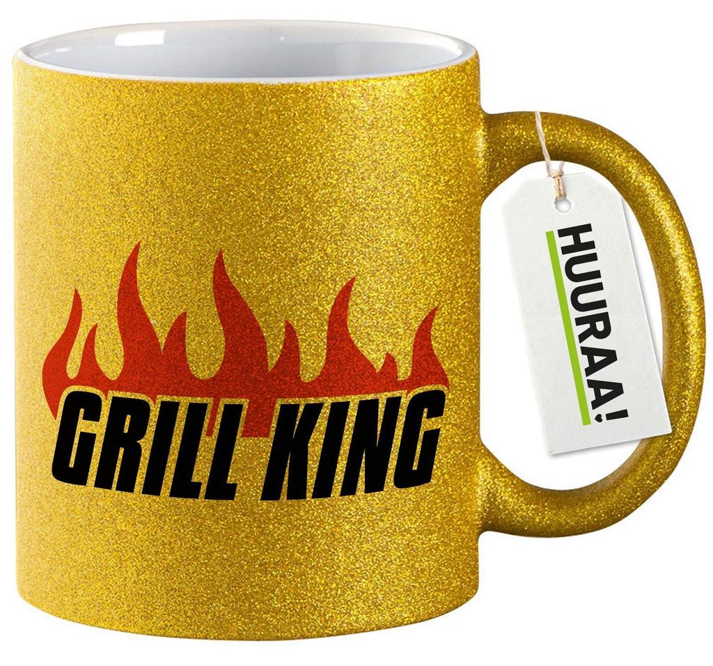 Huuraa Glitzertasse Grill King Flammen 330ml Gold Keramik Kaffeebecher Geschenkidee