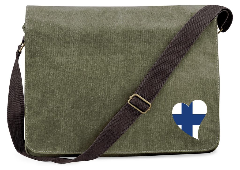 Huuraa Umhängetasche Finnland Flagge Herz 14 Liter Military Green Canvas Laptoptasche Geschenkidee