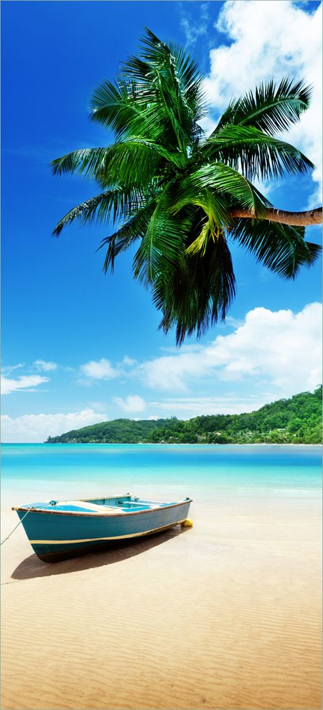Türtapete Türposter Urlaub am Palmenstrand unter Palmen mit Fischerboot - Größe: 93 x 205 cm