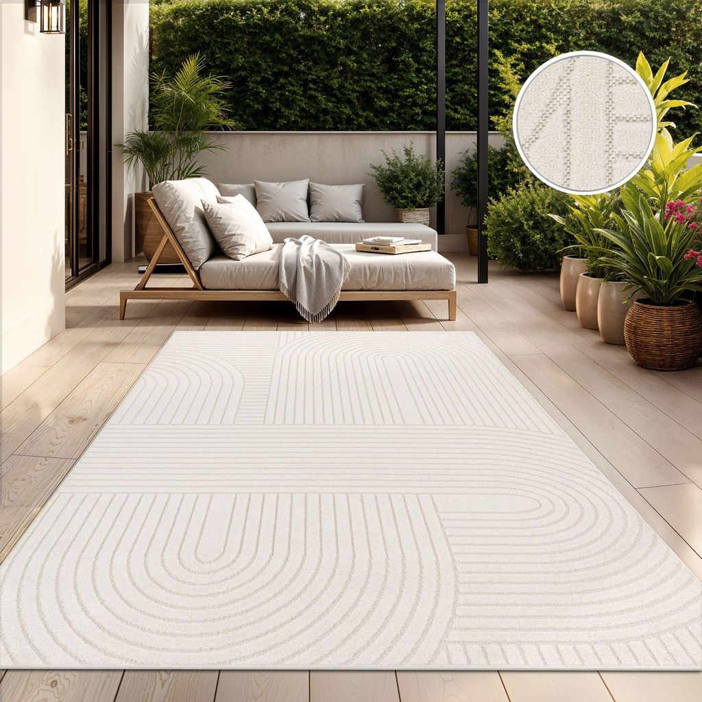TT Home In-& Outdoorteppich Wetterfest Balkon Schlafzimmer Boho Skandi Motiv Unifarben Geometrische Optik Moderner Style Größe 160x220 cm