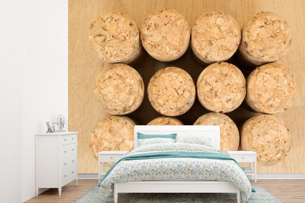 MuchoWow Fototapete für Wohnzimmer oder Schlafzimmer Wandtapete Vinyl Motivtapete Zwölf Korken auf einem beigen Hintergrund - 385x280 cm - Wall...