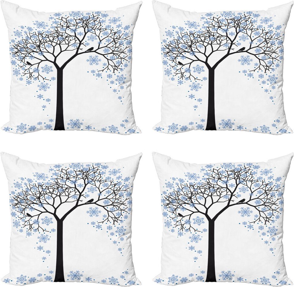 ABAKUHAUS Winter Kissenbezug Set (4 Stück), Baum mit Schneeflocken, Moderner Doppelseitiger Digitaldruck, 60 cm x 60 cm, Blau Schwarz Weiß