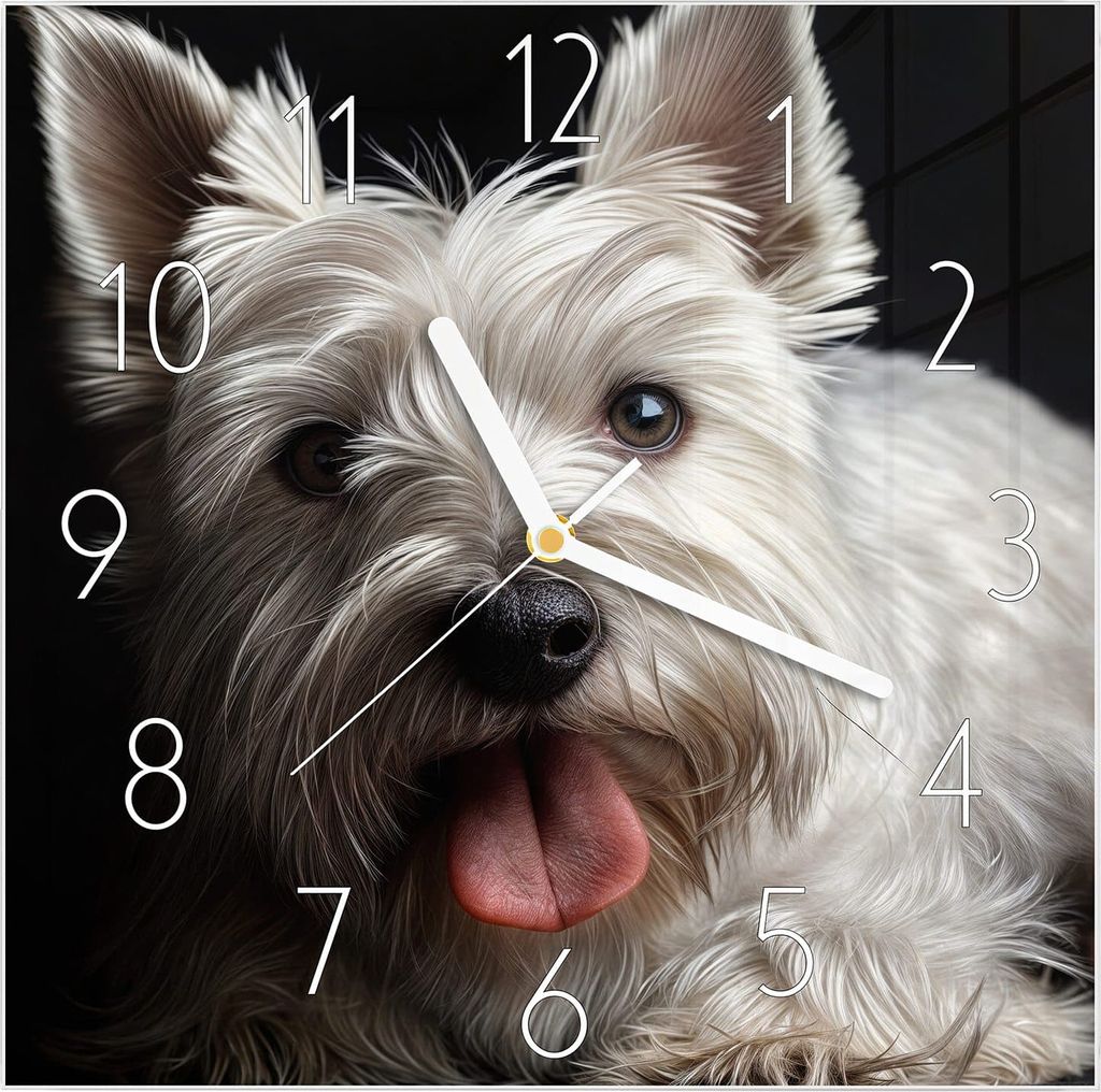 Wanduhr aus Glas mit Motiv Weisser Hund- 30 x 30 cm - inkl. Aufhängesystem