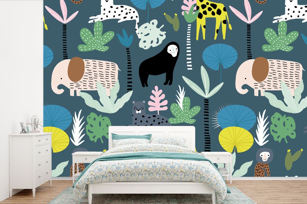 MuchoWow Fototapete für Wohnzimmer oder Schlafzimmer Wandtapete Vinyl Motivtapete Tiere - Pflanzen - Dschungel - Blau - 420x280 cm - Zimmer für...