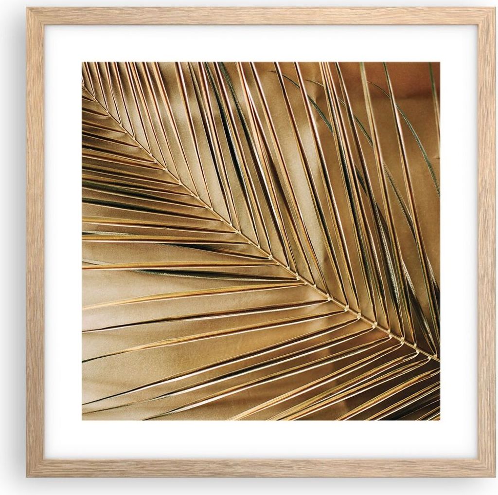 Gerahmtes Poster - Rahmen in heller Eiche - Blatt Gold Pflanze - 40x40 cm - Wand Bild - Wanddeko - Wandbilder - Kunstposter - Wandposter - Bilderra...