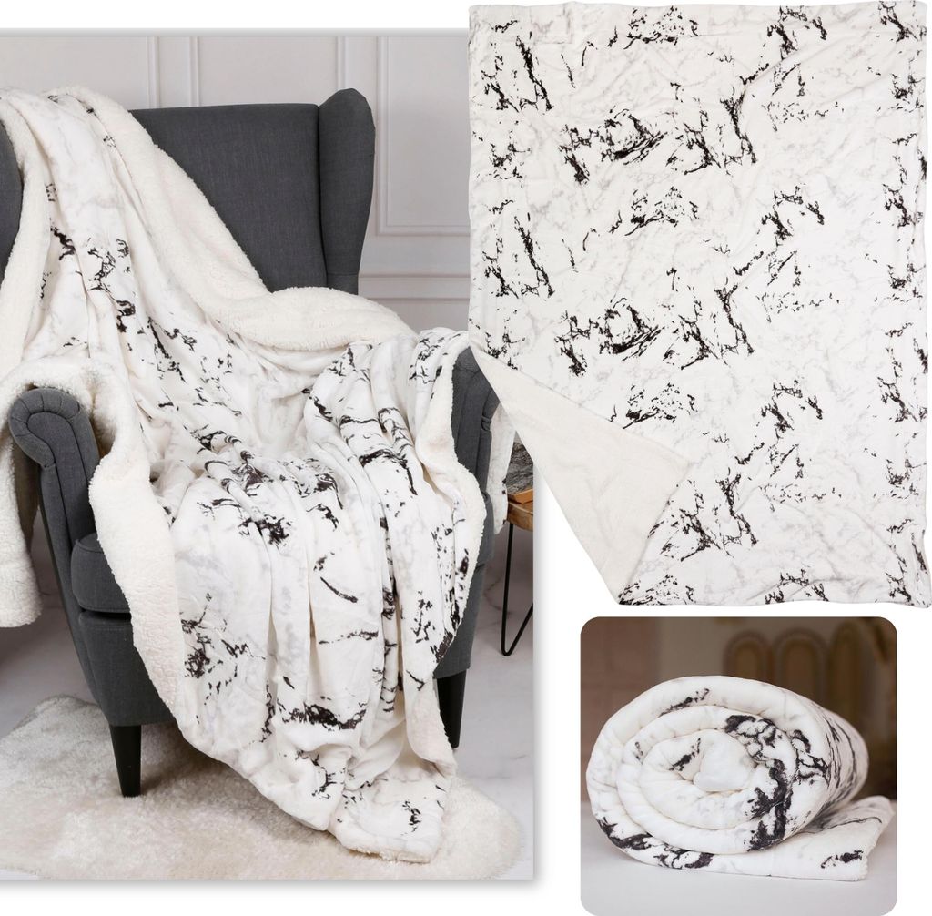 Marmorierte weiß-schwarze Microfleece Bettdecke, weiche, flauschige Decke, sherpa 220-230 g/m 150x200 cm