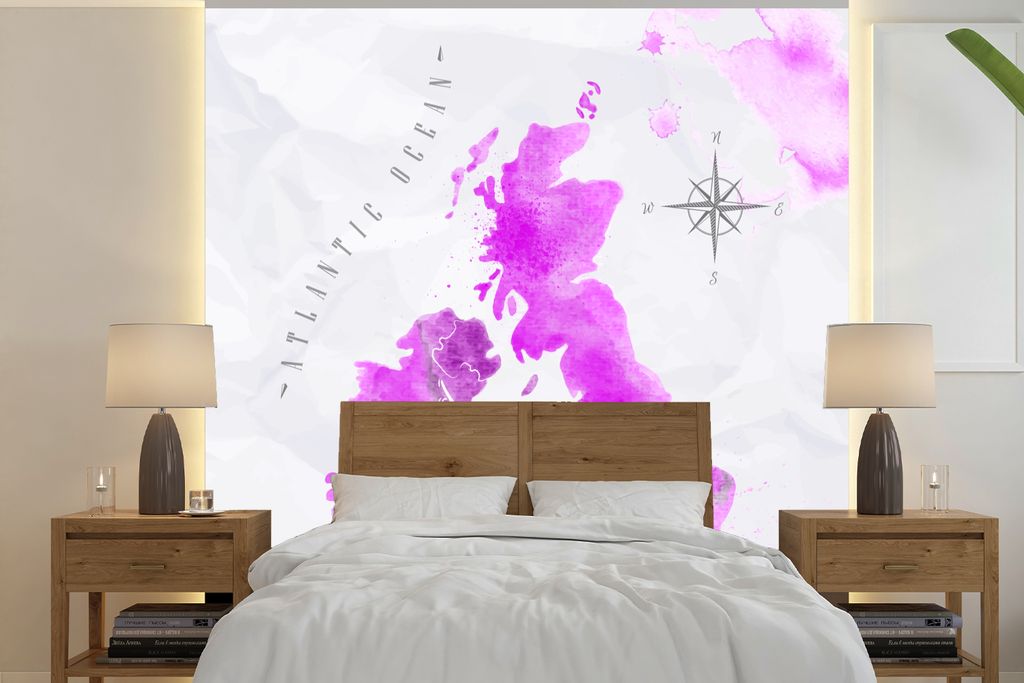 MuchoWow Fototapete für Wohnzimmer oder Schlafzimmer Wandtapete Vinyl Motivtapete Weltkarte - England - Rosa - 220x220 cm - Tapeten
