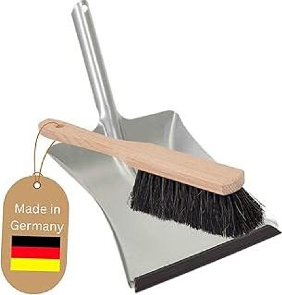 Novaliv Kehrblech Set Kehrblechgarnitur Handfeger ROSSHAAR und Kehrblech mit Gummilippe Silber verzinkt Kehrblechbesen zum Aufkehren Handkehrset Ke...