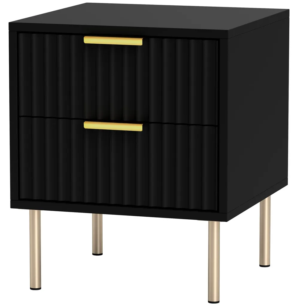 Table de nuit noire design cannelé, meuble de rangement 2 tiroirs chic