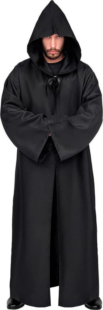 A man wearing a black hooded robe, standing against a white background.