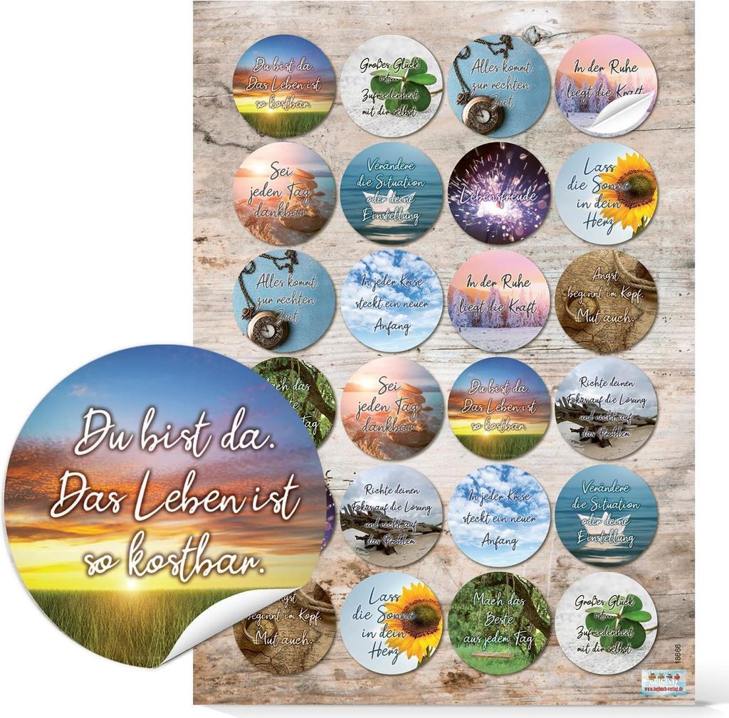 Logbuch-Verlag 24 Sprüche Aufkleber Glück Freude Herz Liebe Freude Angst Zukunft Dankbarkeit Achtsamkeit rund 4 cm Fotomotive24 Aufkleber / 1 Bogen