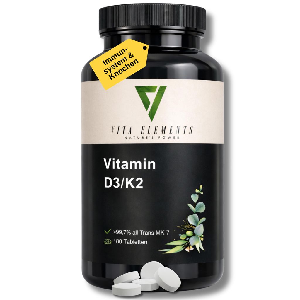Vita Elements Vitamin D3/K2 Tabletten (180 Stück) für Immunsystem und Knochen mit >99,7 % all-Trans